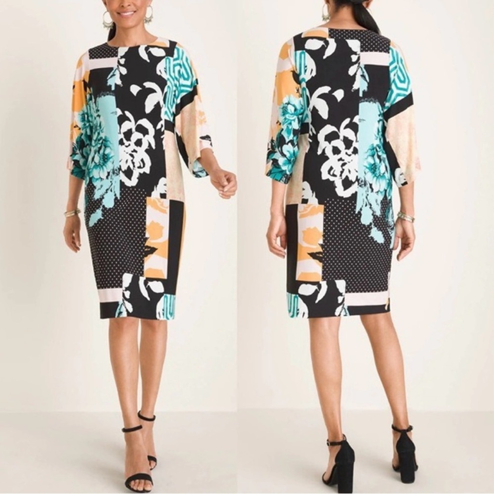 Chico’s 2 Multicolor Floral Kimono Dress Size 12/14 Mixed Media Shift Lagenlook